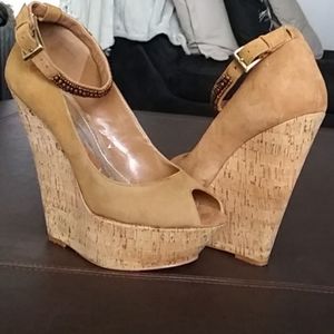 Suede Ankle Strap Cork Wedge Heels
